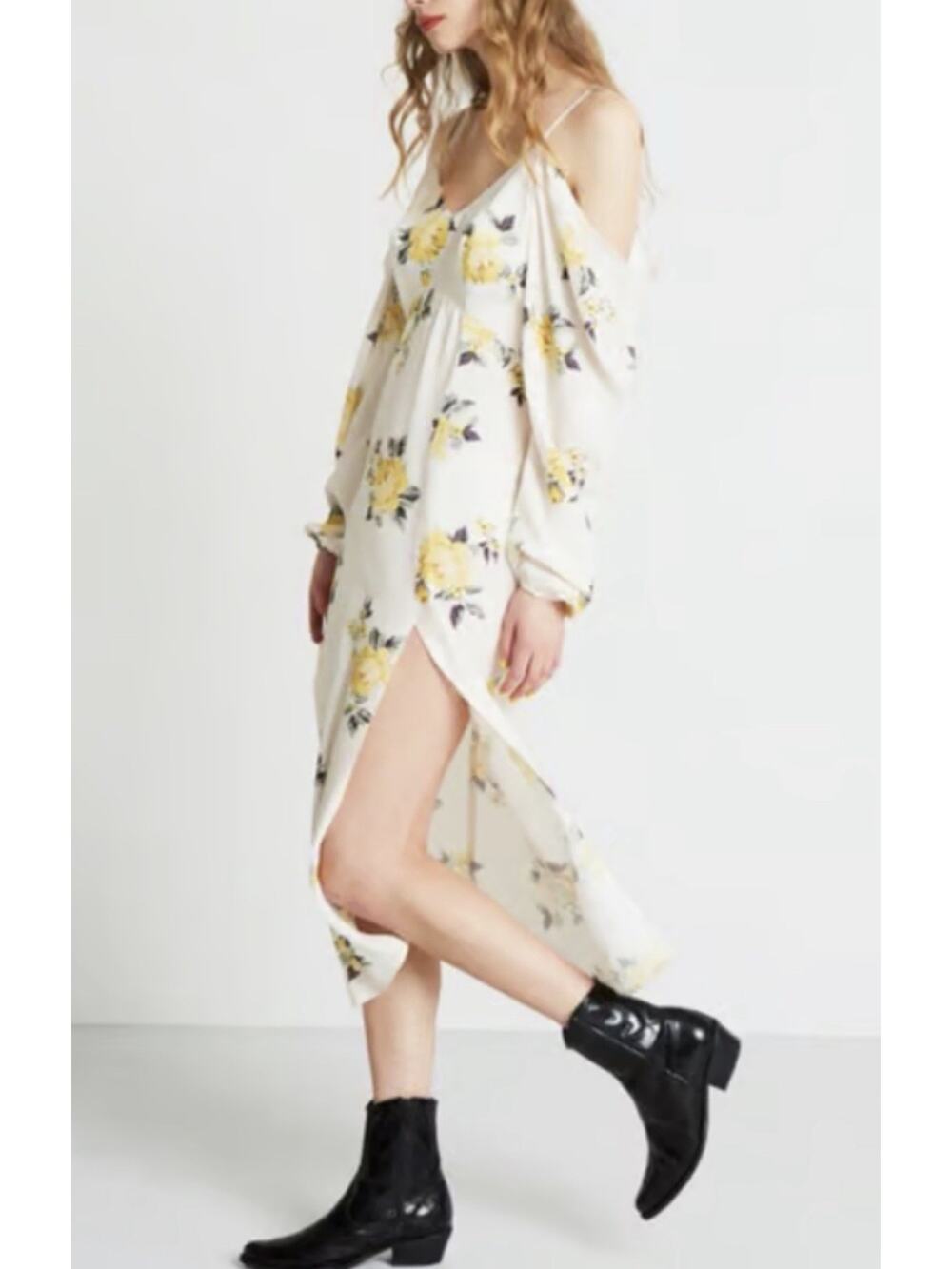 Nobody's Child Floral Midi Dress •UK8 /US 4• Yellow Ivory Cold Shoulder